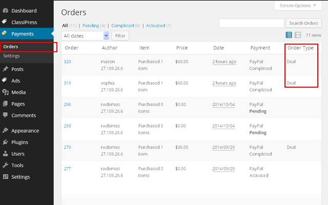 Order Type in Wp-admin ->Payments -> Orders