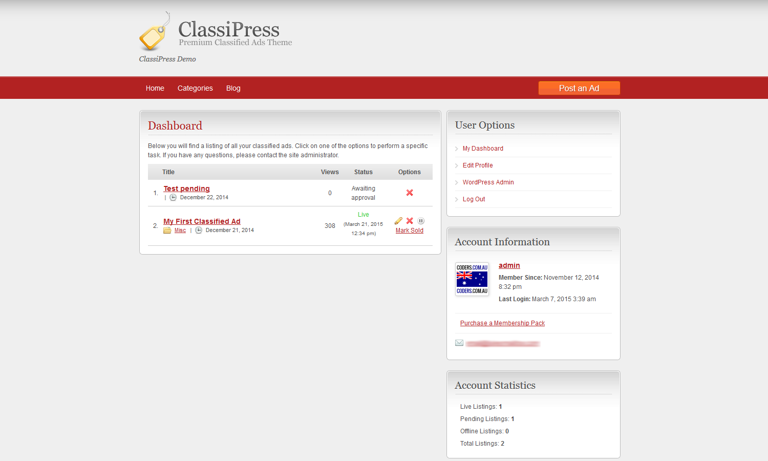 User dashboard - ClassiPress theme before plugin