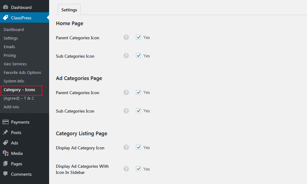 wp-admin -> ClassiPress -> Category Icons Settings