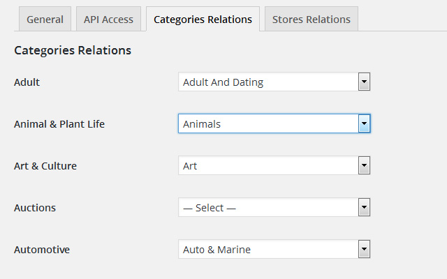 Categories Relations Settings