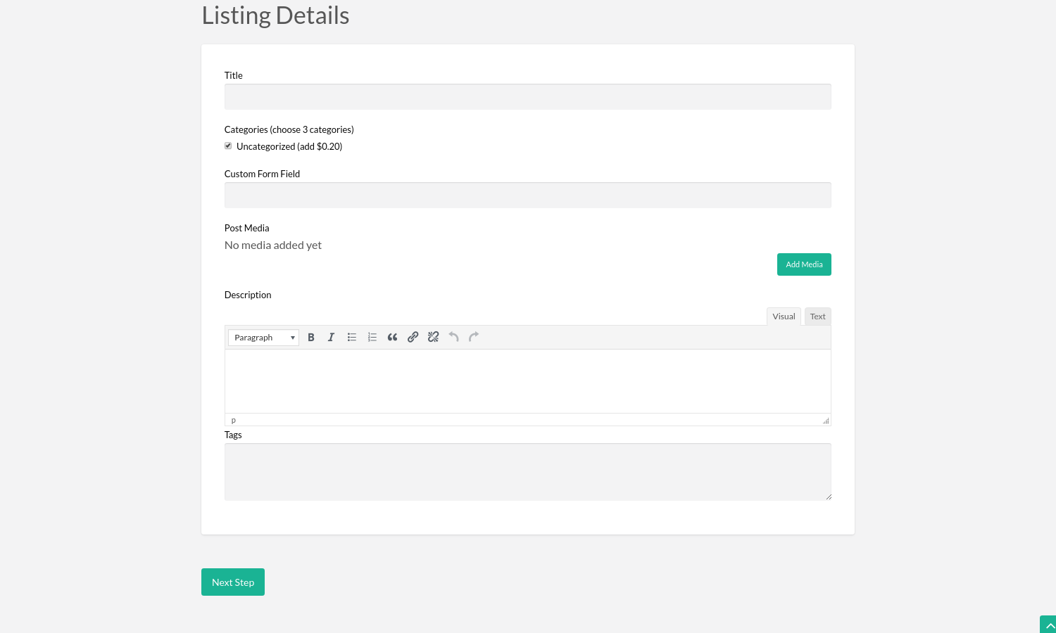 Post Form with advanced options enabled: Custom Forms, Category Limit