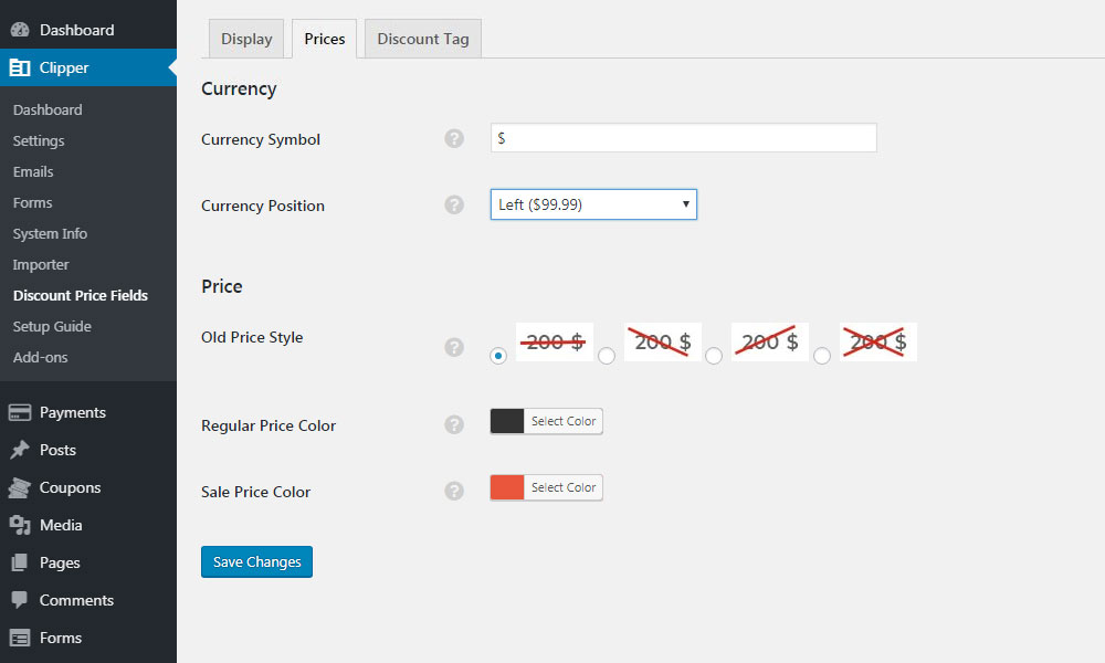 wp-admin -> Clipper -> Discount Price Fileds -> Price Display Setting Option